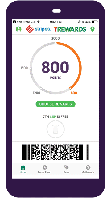 Cara frontal del teléfono celular mostrando la aplicación 7Rewards